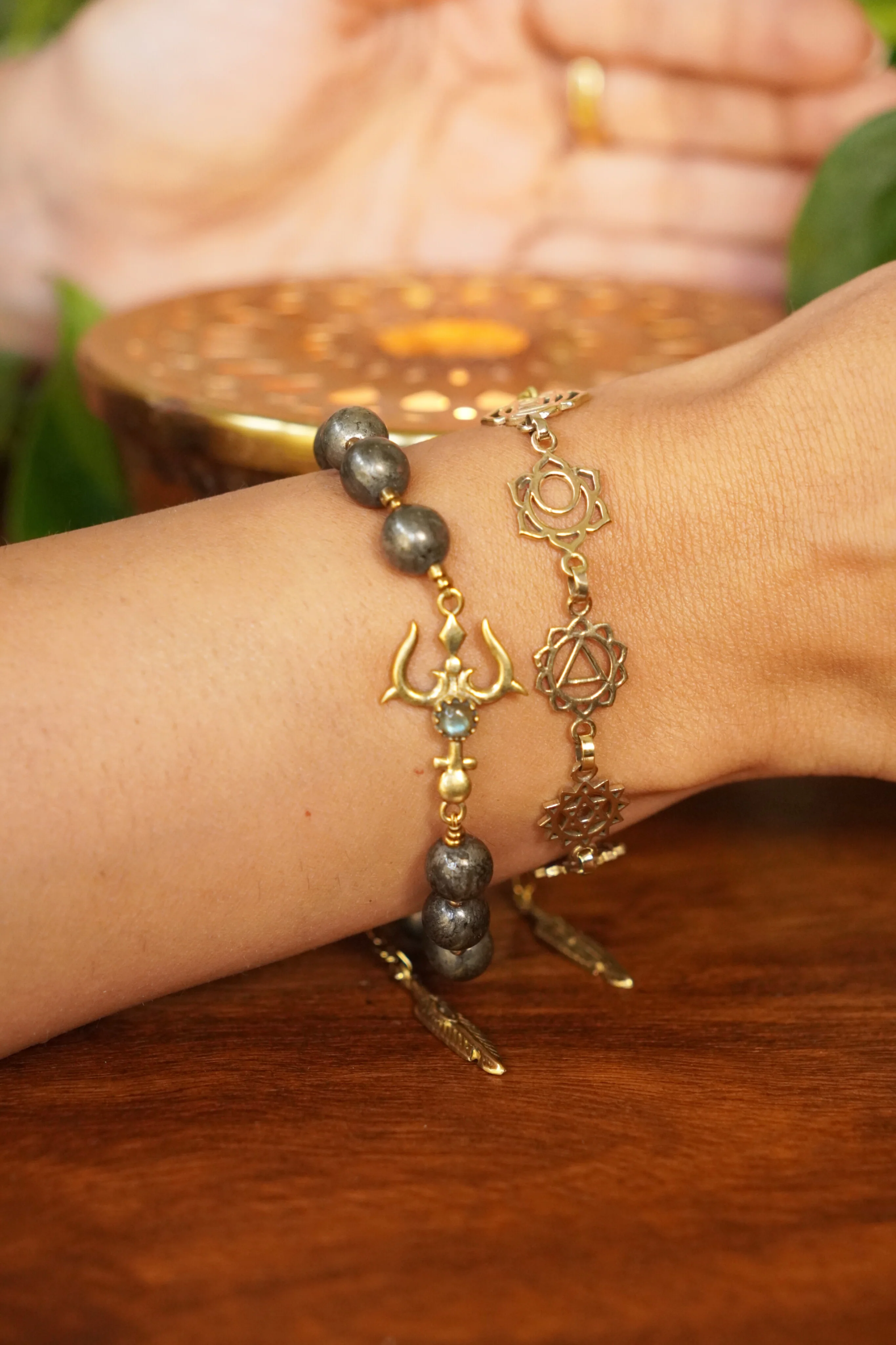 Seven chakra trishul pyrite bracelet stackable combo