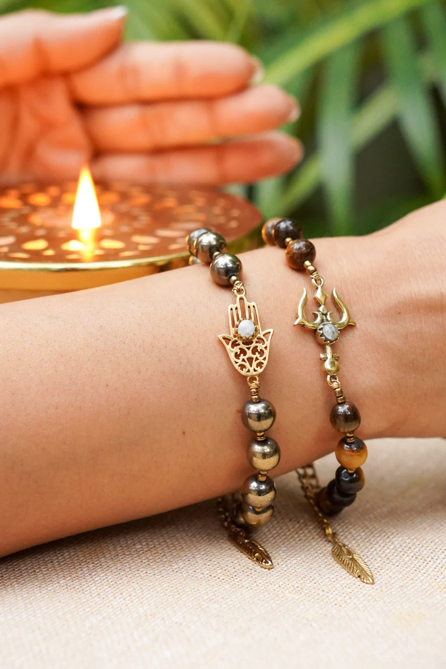 Tiger eye & polished pyrite stack of two bracelet