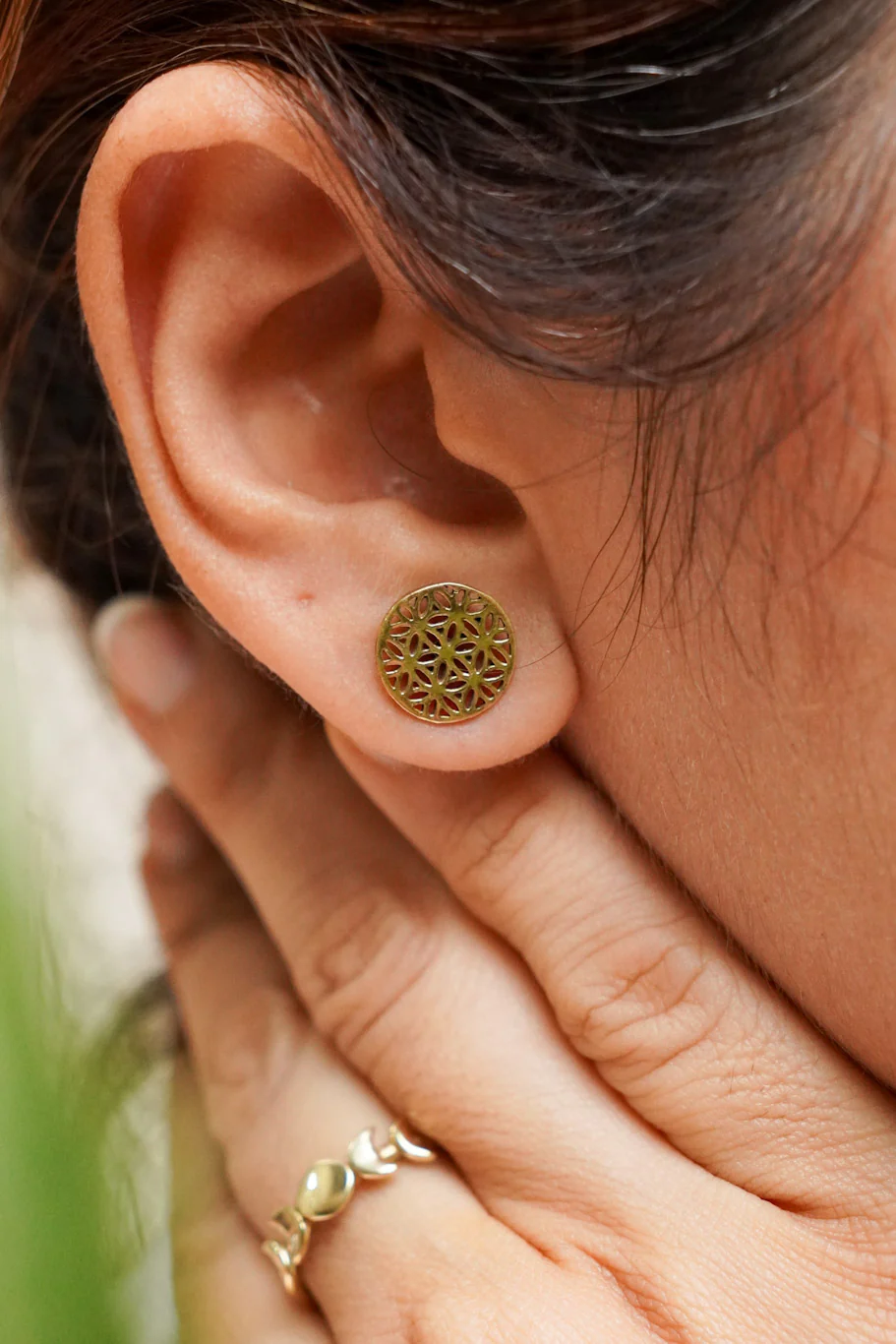 Flower of life brass stud earrings - Image 2