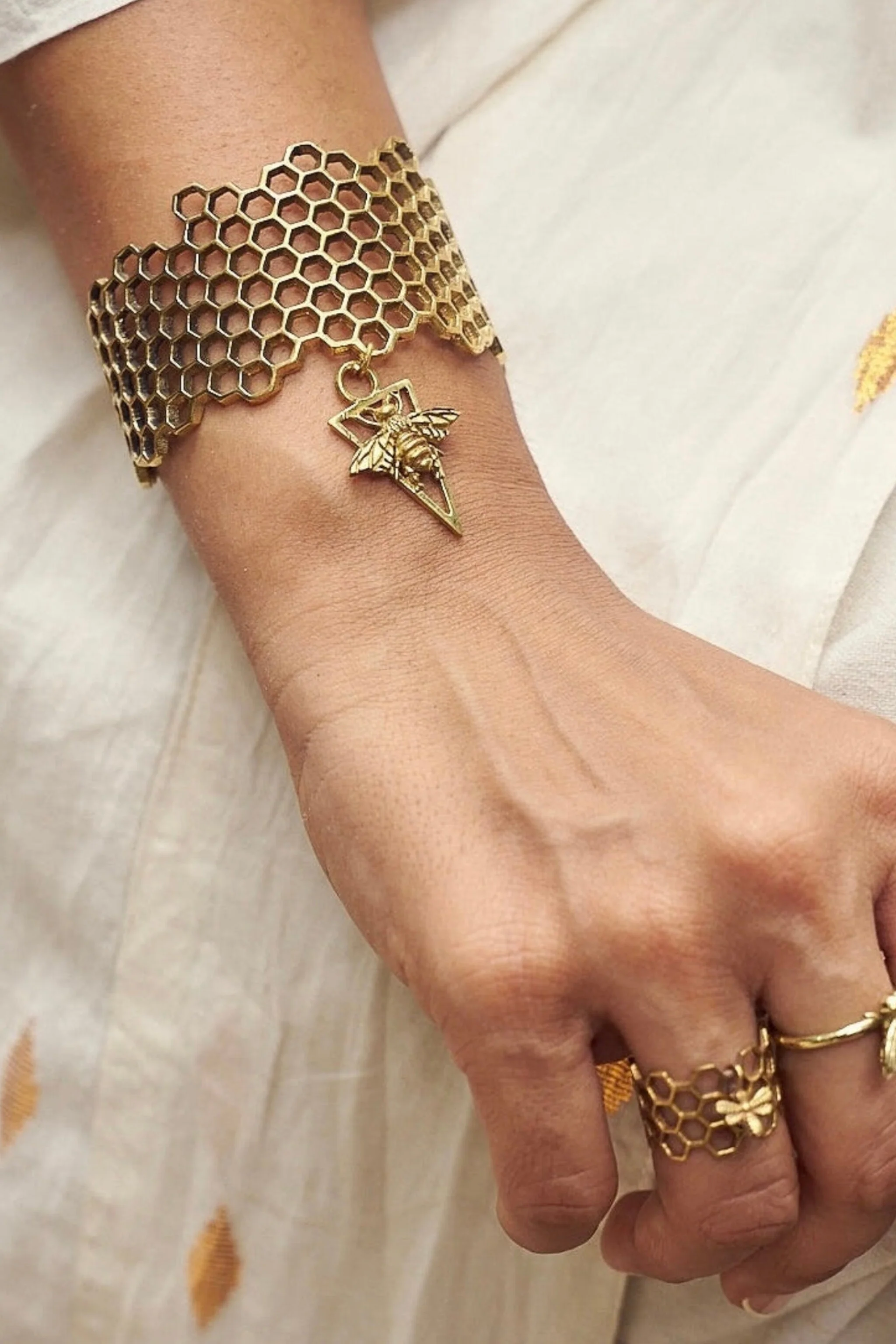 Broad Honeycomb brass bangle