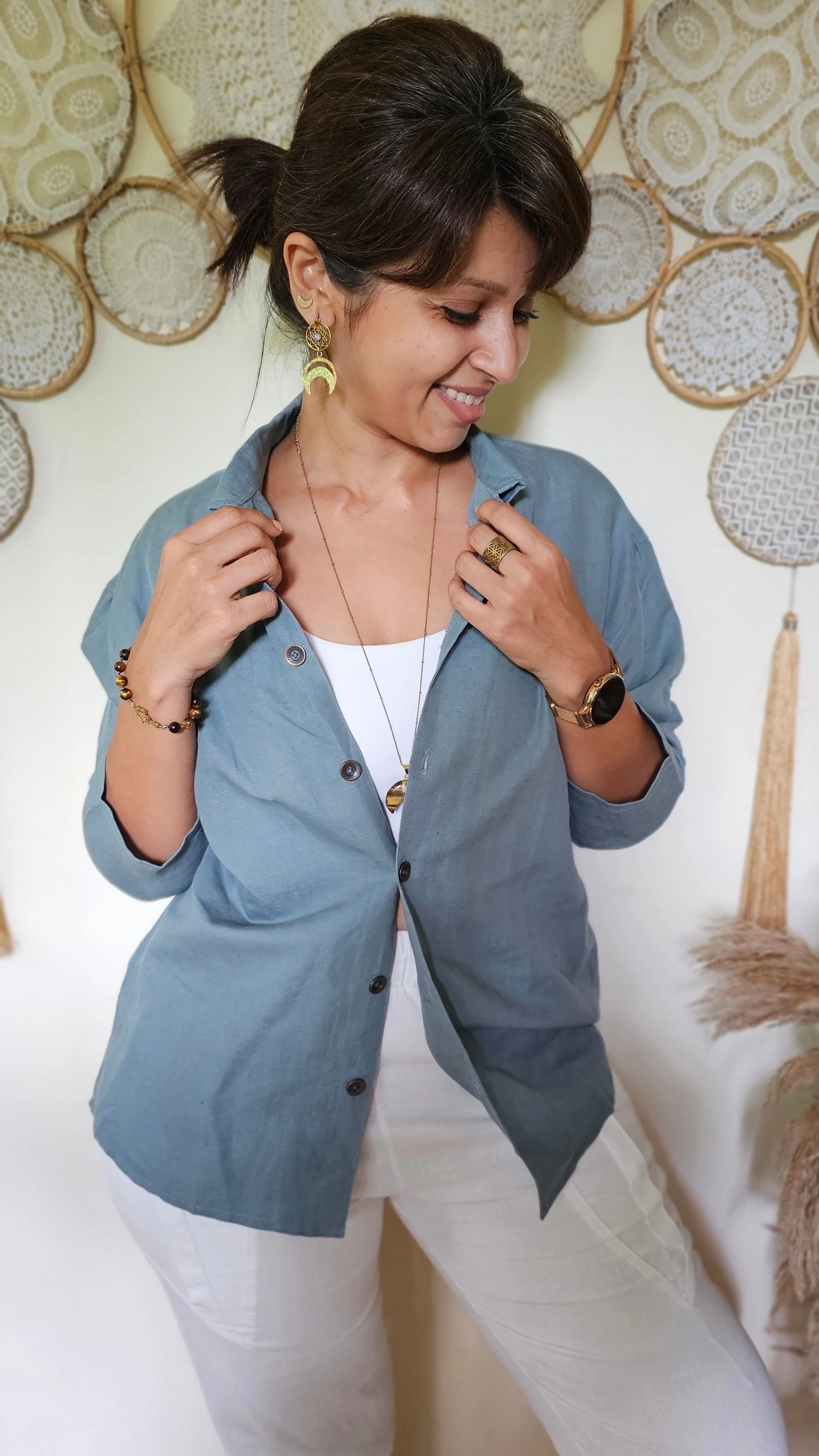 Chalk grey linen unisex shirt - Image 2