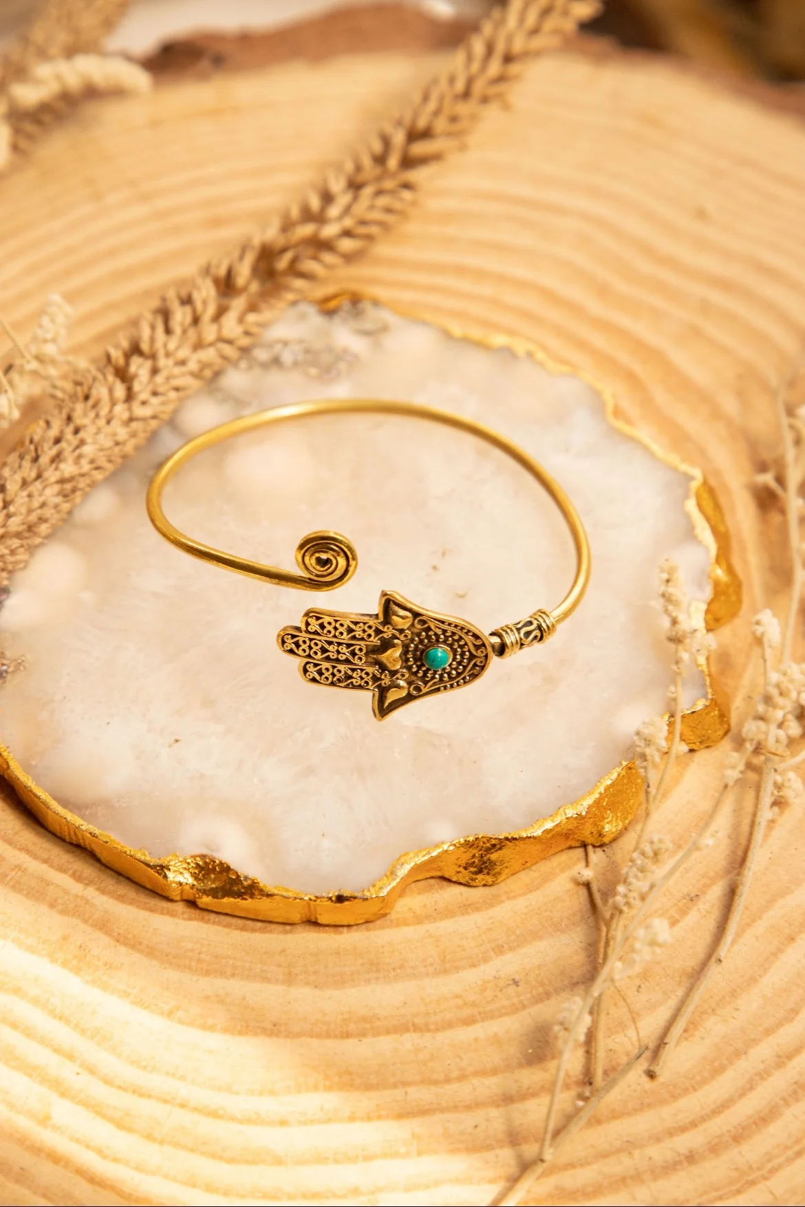 Hamsa brass hand cuff with turquoise stone - Image 3