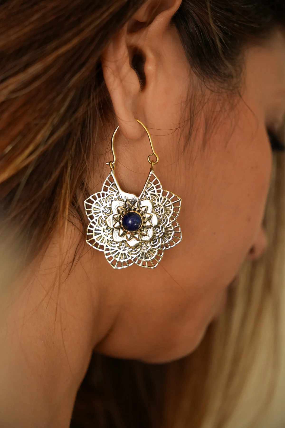 Flower of Lapis brass hoops