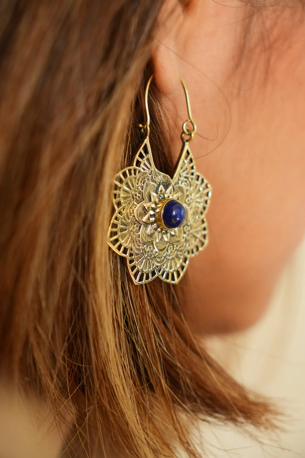Flower of Lapis brass hoops - Image 2