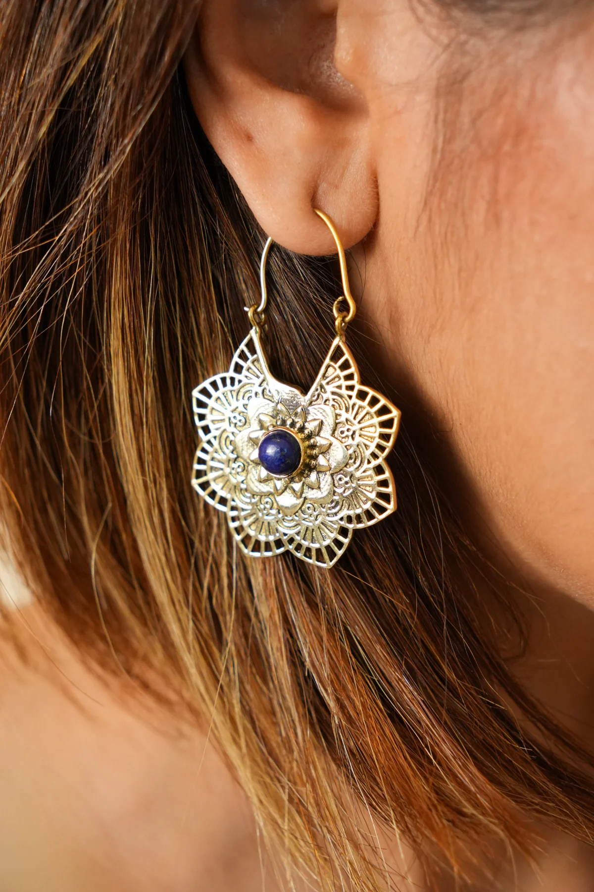 Flower of Lapis brass hoops - Image 3
