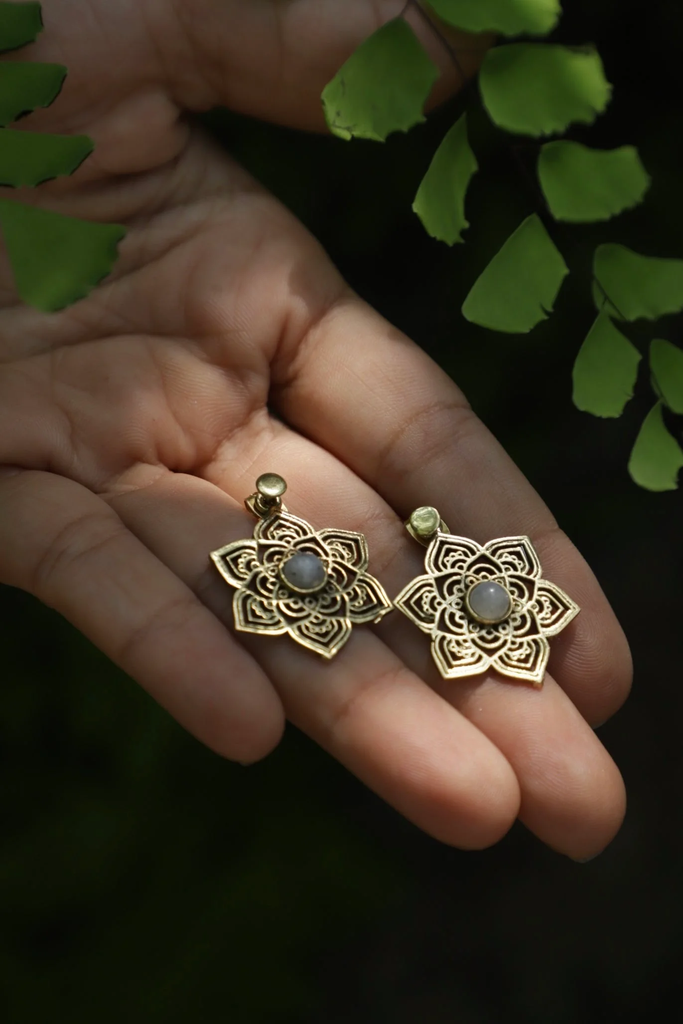 Moonstone mandala brass stud earrings - Image 7
