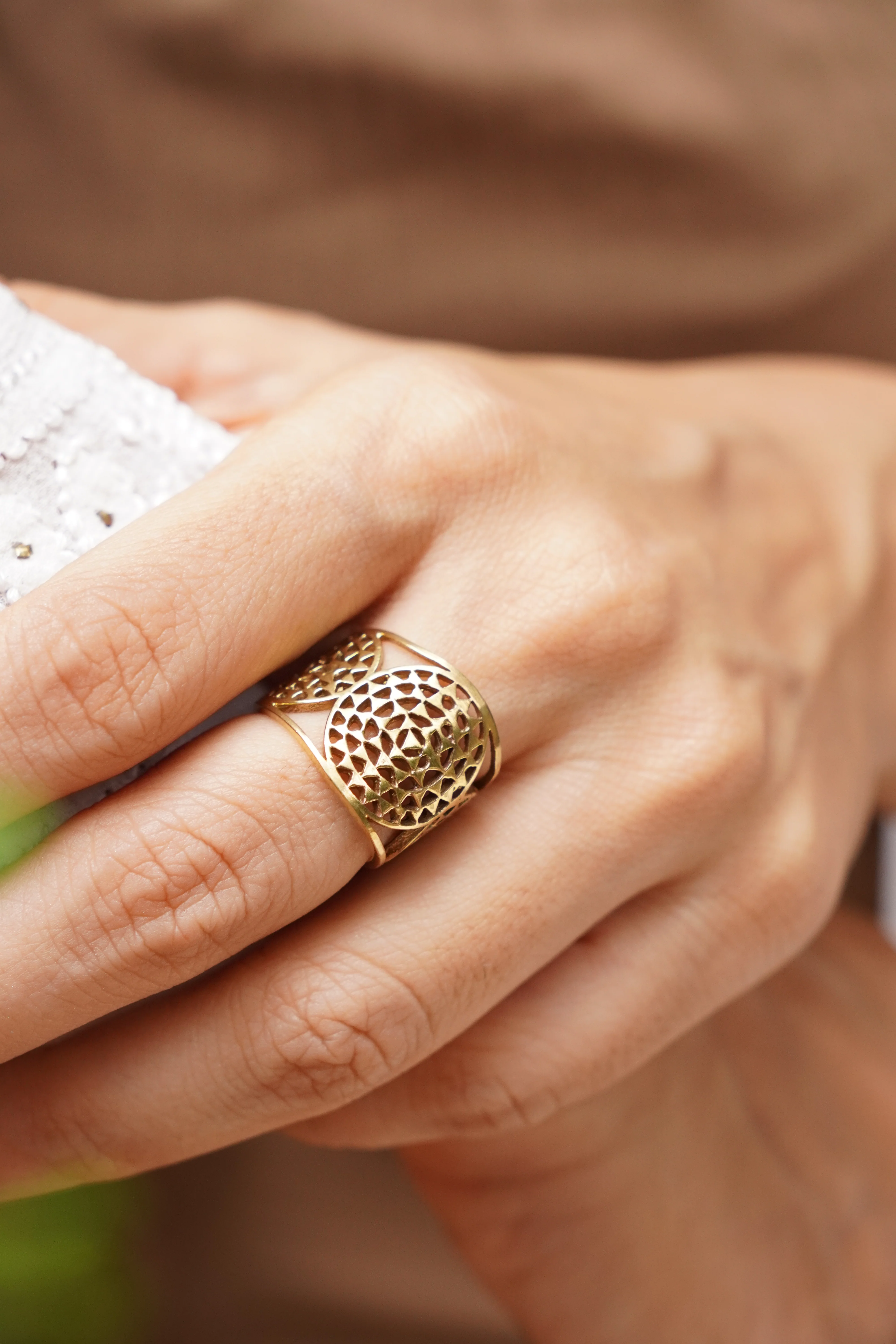 Seed of life adjustable brass ring - Image 3