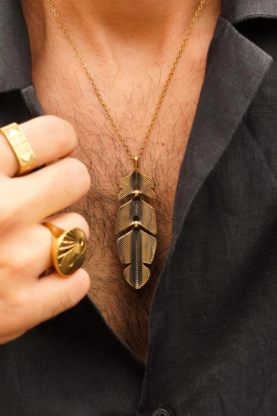 Brass Feather drop with alloy long chain - men’s jewellery