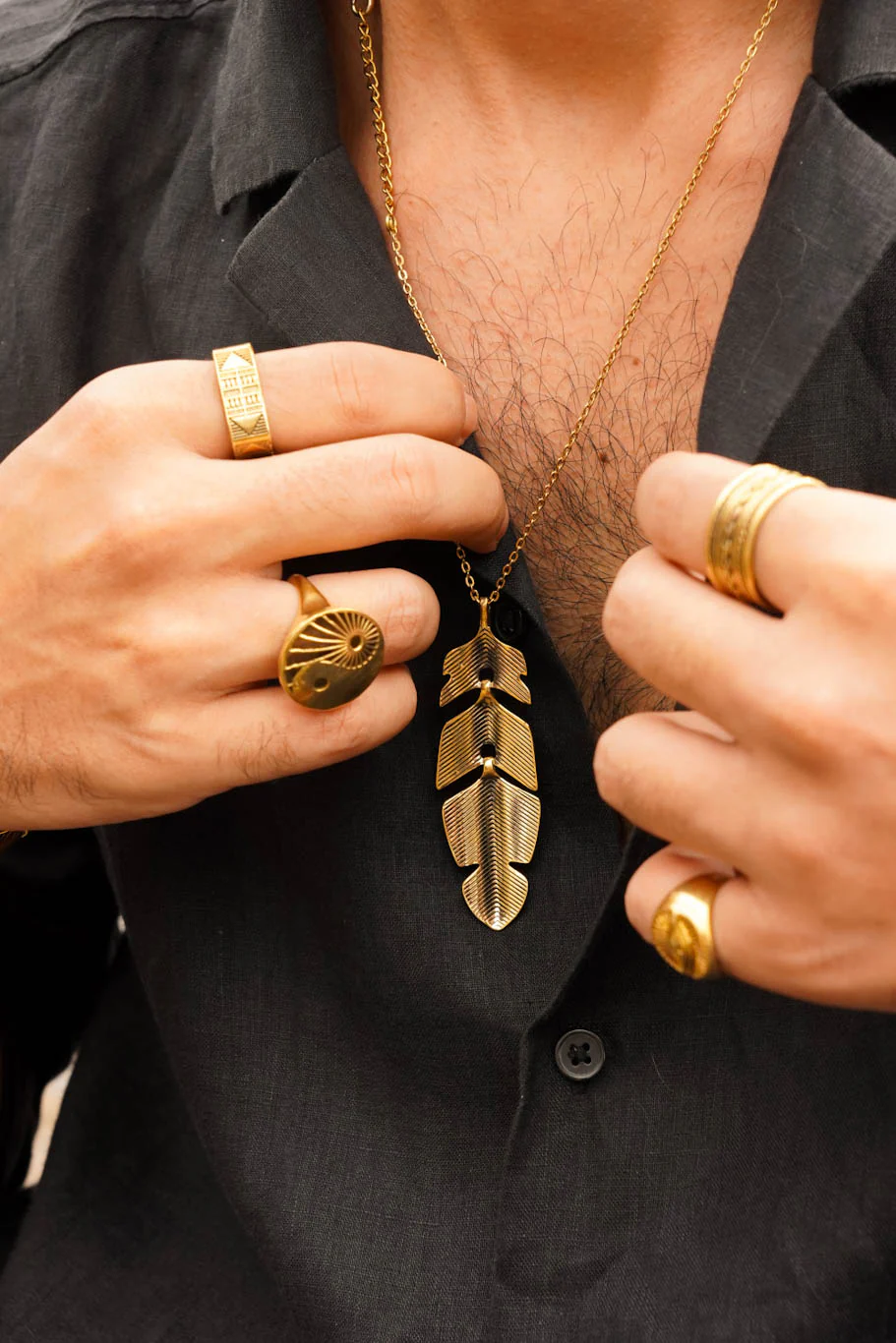 Brass Feather drop with alloy long chain - men’s jewellery - Image 3
